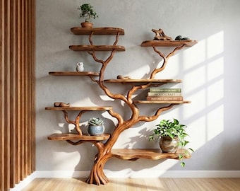Estantería de pie de madera con forma de rama de árbol, expositor de libros rústico de madera maciza, estante único