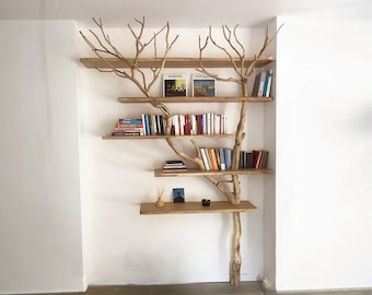 Tree branches corner bookshelf  floating book shelf solid wood handmade furniture and decor