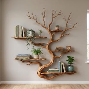 Op de afbeelding: Een wandplank in de vorm van een boom met takken van natuurlijk hout en meerdere platte horizontale oppervlakken. De planken bevatten diverse boeken, groene potplanten en een kleine ronde klok voor een functionele displayopstelling.