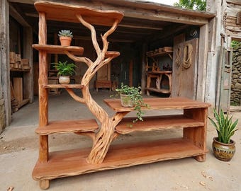 Tree branch freestanding bookshelf unique floor standing shelf decor custom wood book storage shelves