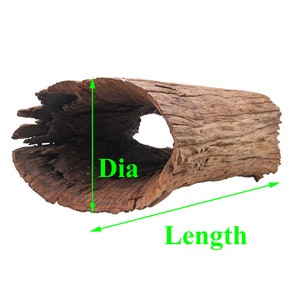 May include: A hollowed-out piece of driftwood with a natural brown color. The wood has a rough texture and is approximately 10 inches long and 3 inches in diameter. "Dia" and "Length" are labeled on the image.