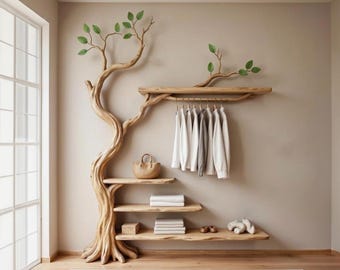 Tree branch coat rack wall mount decorative coat hooks solid wood shelves on wall driftwood sculpture art unique handmade furniture