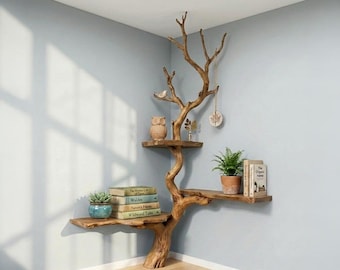 Corner tree shelf art rustic floor book shelves unique bookshelf home decor natural wood shelf