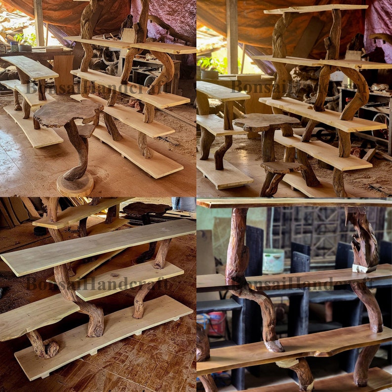 May include: A set of four wooden shelves made from natural branches. The shelves are stained a light brown color and have a rustic look. The shelves are perfect for displaying plants, books, or other decorative items.
