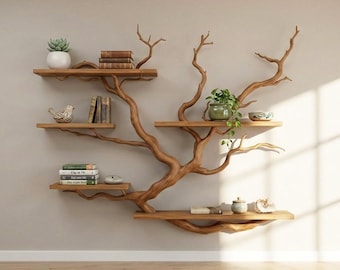 May include: A wooden tree-shaped wall shelf with multiple shelves of varying sizes. The shelves hold books, small plants, and decorative items. The tree branches extend across the wall, creating a unique and artistic display. The wood has a natural finish.