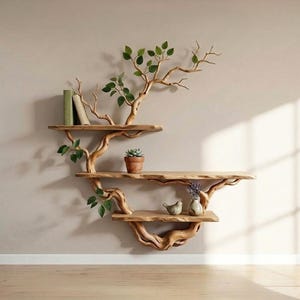 Op de afbeelding: Een uniek, boomvormig wandrek van hout met drie niveaus. De planken zijn gemaakt van lichtgekleurd hout en worden ondersteund door takken. Groene bladeren en kleine planten sieren de planken, waarop boeken, een vogelbeeldje en een vaas staan.
