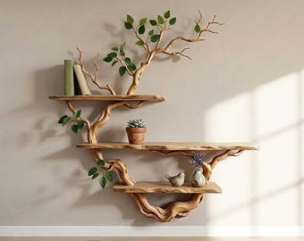 May include: A unique wooden tree-shaped wall shelf with three tiers. The shelves are made of light-colored wood and supported by branches. Green leaves and small plants decorate the shelves, which hold books, a small bird figurine, and a vase.