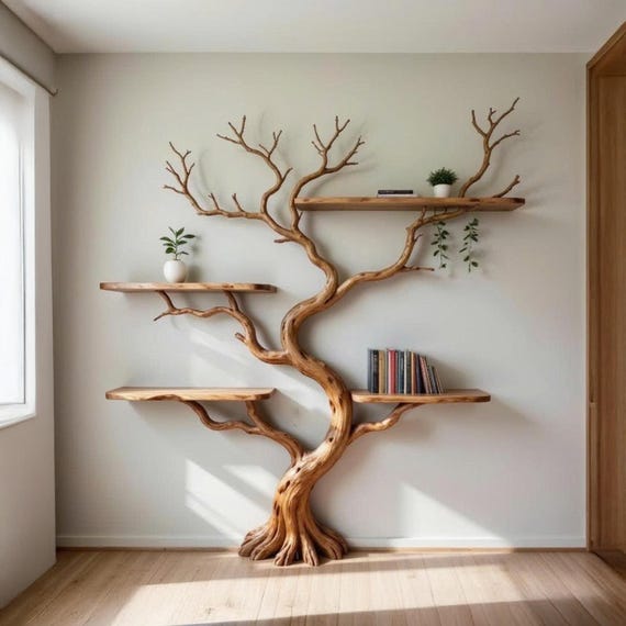 Driftwood branch solid wood bookshelf wall mounted live edge shelves handcrafted bookcase