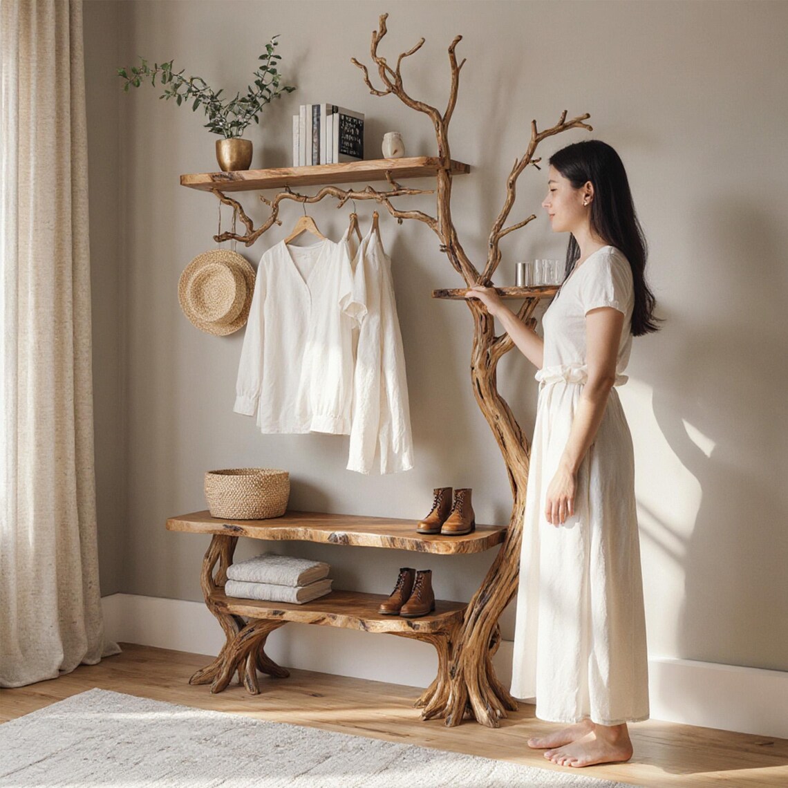 Salad Tree Rack Natural Tree Coat Rack Wall Mount Coat Hook Tree Branch Bookshelf Shoe ...