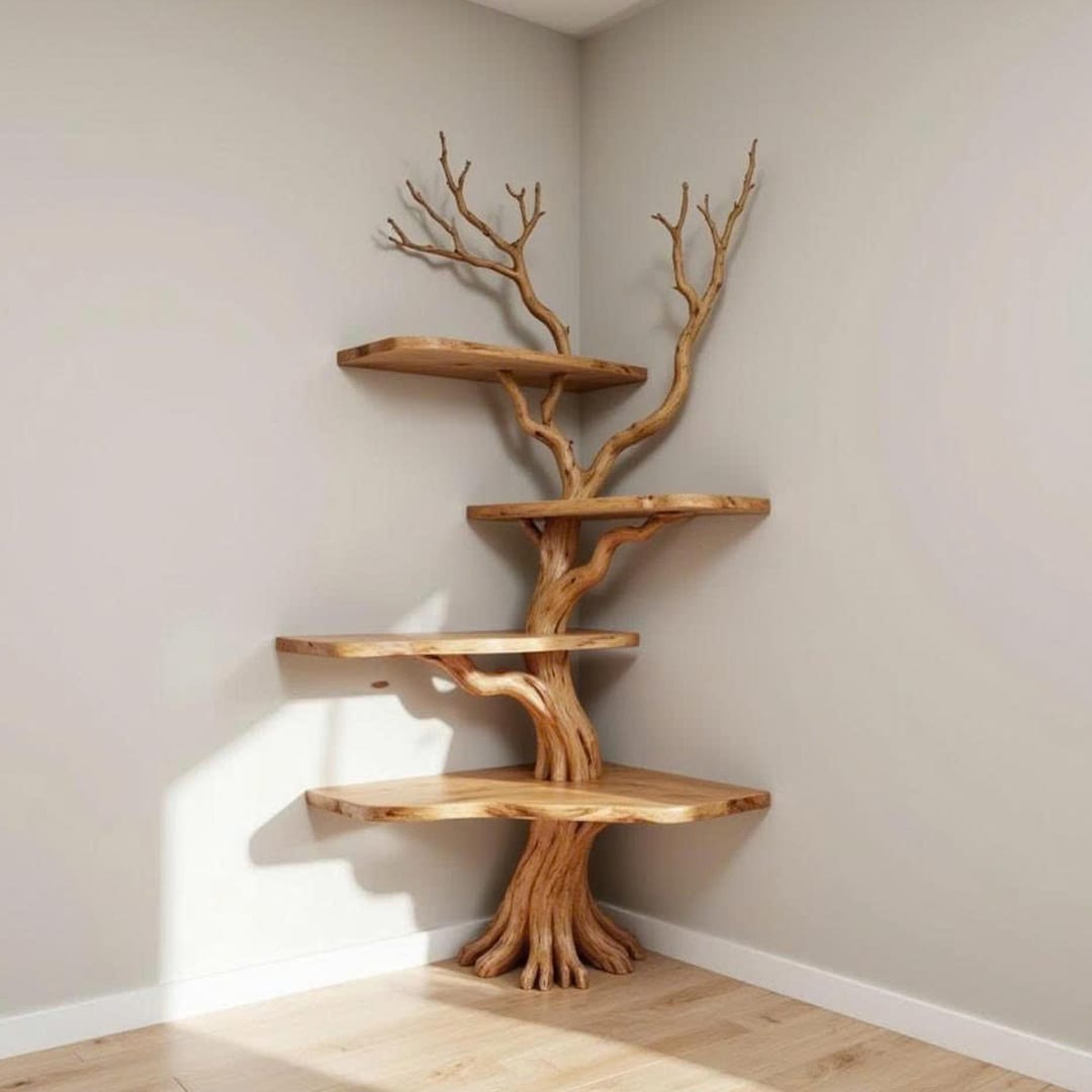 Corner Driftwood Bookshelf Tree Branch Wall Mounted Live Edge Shelves ...