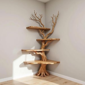 May include: A wooden corner shelf unit designed to resemble a tree. The unit features multiple flat shelves supported by a central trunk and branches, all crafted from light-colored wood. The shelves are arranged in a staggered pattern.