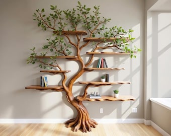 Estantería de pie con forma de rama de árbol, estante de madera natural, arte rústico, estantes de madera maciza, decoración de estante de exhibición