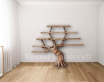 Tree floating book shelf wall mount solid wood walnut bookcase decor