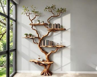Estantería de pie con forma de rama de árbol, estantería rústica única de madera natural, estantes decorativos