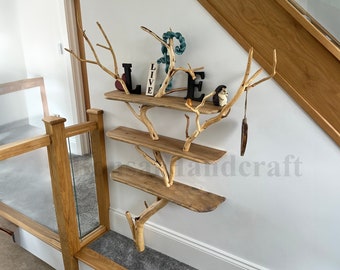 Tree bookshelf driftwood shelf floating book shelf solid wood bookcase wall mount handmade furniture and decor