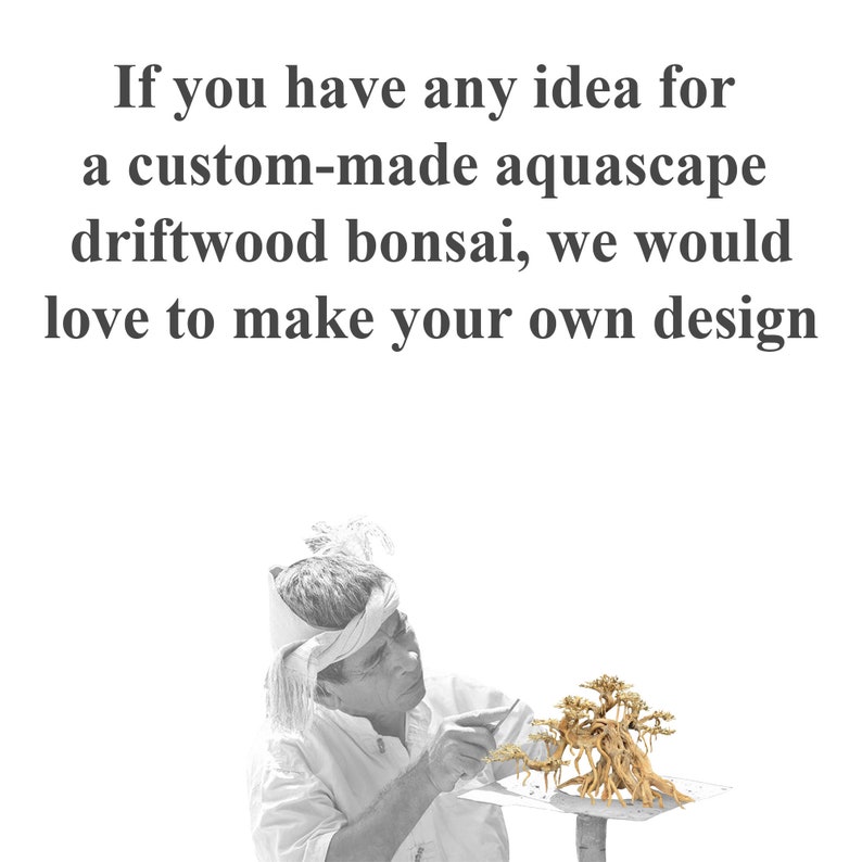 May include: A person working on a custom-made driftwood bonsai aquascape. The bonsai is made of driftwood and has a natural, rustic look. The person is using a tool to shape the bonsai.