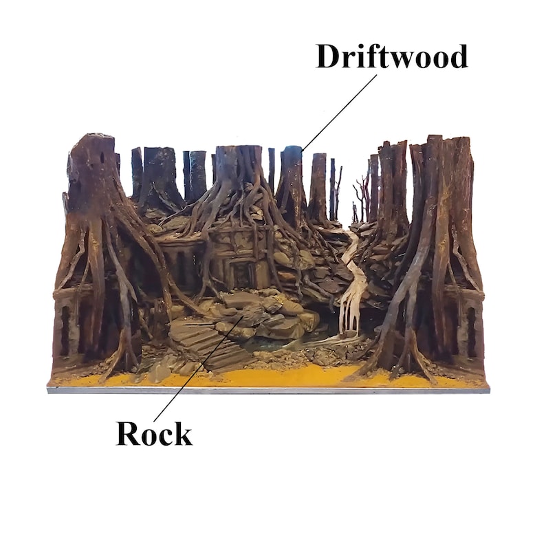 Puede incluir: Un modelo en miniatura de una escena de selva con un peque&ntilde;o arroyo que la atraviesa. La escena est&aacute; hecha de madera flotante y rocas, y presenta un peque&ntilde;o edificio en el fondo. El texto "Driftwood" est&aacute; escrito sobre la escena, y el texto "Rock" est&aacute; escrito debajo de la escena.