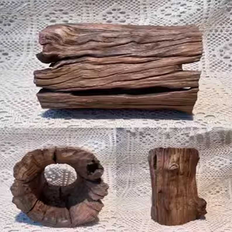 May include: Three pieces of driftwood, each with a unique shape and texture. The largest piece is a long, rectangular slab with a rough, weathered surface. The second piece is a round, bowl-shaped piece with a smooth, polished surface. The third piece is a small, cylindrical piece with a rough, bark-like surface.