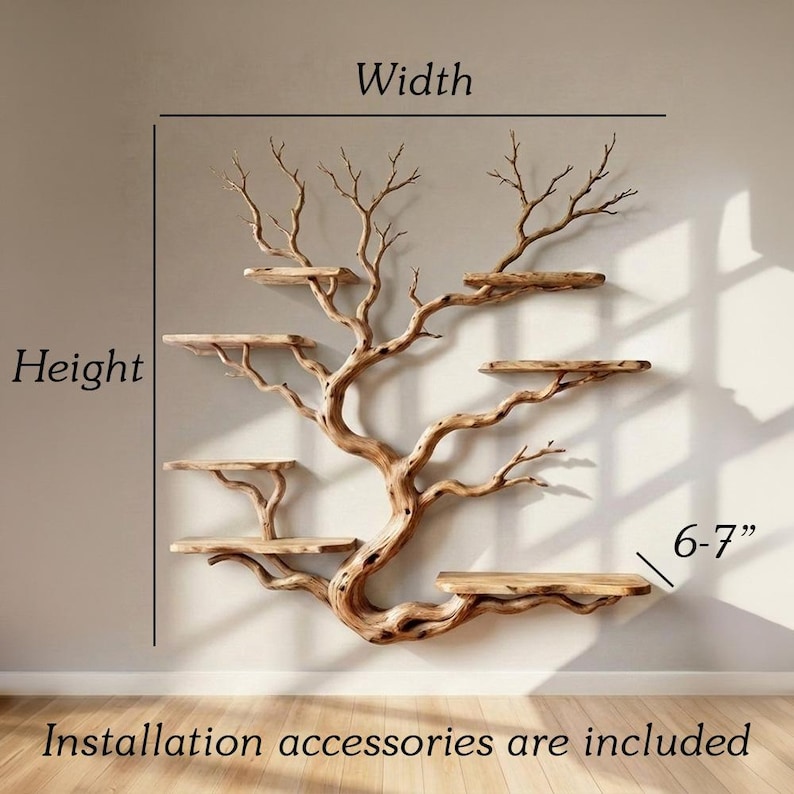 May include: A wooden tree-shaped wall shelf with multiple platforms. The shelf is made of natural wood and has a rustic appearance. The platforms are approximately 6-7 inches deep. The text "Installation accessories are included" is at the bottom.