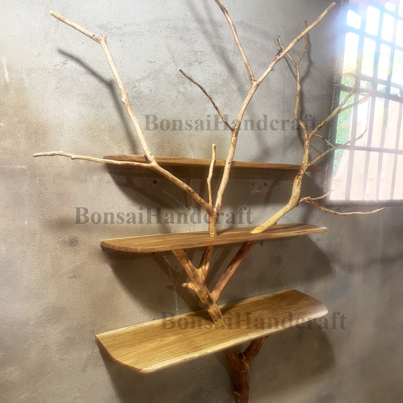 Tree branch floating bookshelf decor wall mount solid wood bookcase art handmade furnitural home decor image 2