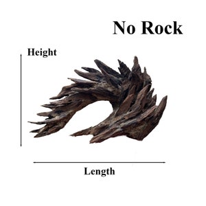 May include: A large, dark brown, naturally weathered piece of driftwood with a unique, curved shape. The driftwood is approximately 15 inches long and 8 inches tall. No Rock.