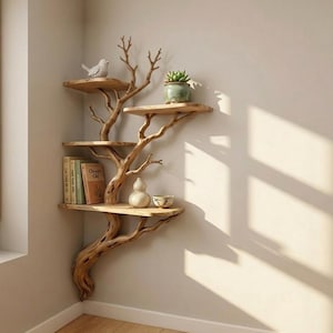 Könnte beinhalten: Ein einzigartiges, baumförmiges Holzregal mit mehreren Plattformen. Die Regale beherbergen eine kleine Vogelfigur, eine Topf-Sukkulente, Bücher und dekorative Gegenstände. Die natürliche Holzmaserung und die astartigen Stützen schaffen eine rustikale, künstlerische Präsentation.