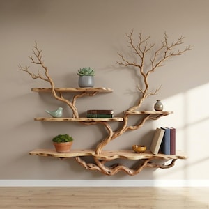 Op de afbeelding: Een uniek, boomvormig houten wandrek met meerdere niveaus. De planken zijn versierd met decoratieve items zoals boeken, kleine planten en een keramische vogel. De natuurlijke houtnerf en takachtige steunen creëren een rustieke, organische esthetiek.