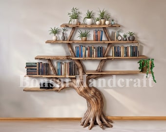 Tree floating book shelf wall mount solid wood walnut bookcase decor