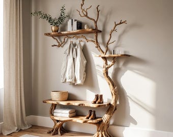Natural Tree Coat Rack Wall Mount Coat Hook Tree Branch Bookshelf
