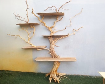 Driftwood branch tree bookshelf wall art solid wood bookcase floating shelves wood for home decor