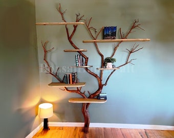 Tree branch shelves live edge wall mount floating bookshelf tree bookshelf corner shelf driftwood decor