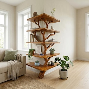 Op de afbeelding: Een hoekplankenrek van lichtbruin hout met vijf niveaus, ondersteund door een centrale structuur die lijkt op een boomstam met takken. De planken zijn driehoekig en ontworpen om in een hoek van een kamer te worden geplaatst.