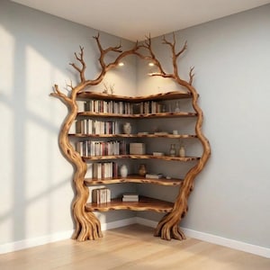 Puede incluir: Una estantería de esquina única hecha de madera natural, que se asemeja a un árbol con ramas. Los estantes están llenos de libros y objetos decorativos. La estructura de madera es de color marrón cálido, creando una exhibición rústica y artística.
