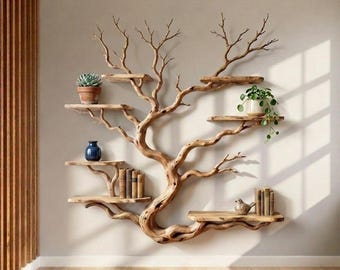 Tree branch wall display shelf driftwood floating book shelf unique solid wood shelves art