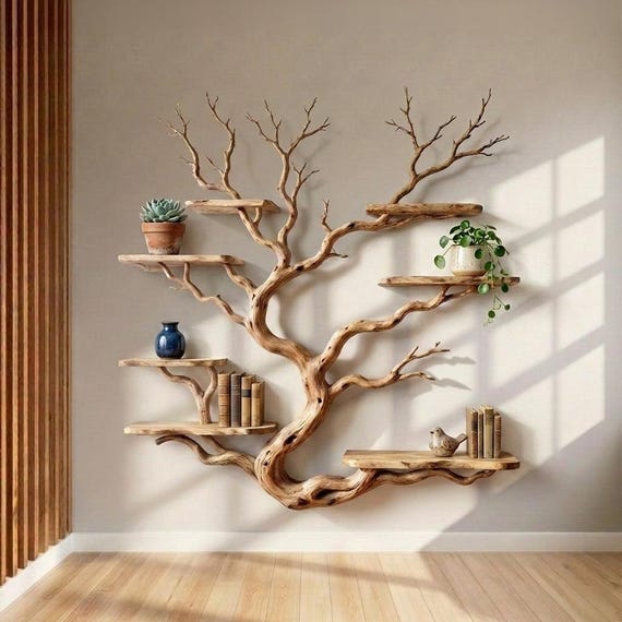 Tree branch wall display shelf driftwood floating book shelf unique solid wood shelves art