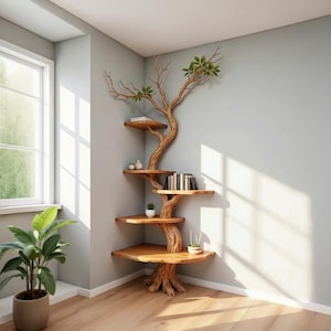 Könnte beinhalten: Ein hölzernes Eckregal in Form eines Baumes. Das Design verfügt über mehrere Regale, die von einer baumstammartigen Struktur getragen werden. Die Spitze des Baumes hat Äste mit grünen Blättern. Bücher und kleine Pflanzen sind auf den Regalen ausgestellt.