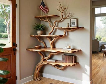 Estantería esquinera con forma de rama de árbol, estantería decorativa de suelo, estantería rústica única de madera maciza.