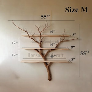 Branche d'arbre, étagère flottante, décoration murale, art de la bibliothèque en bois massif, fait main, décoration intérieure Size M