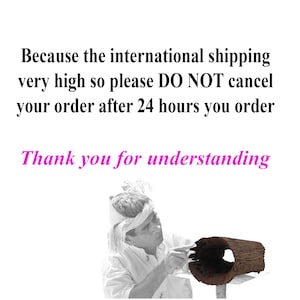May include: A black and white photo of a person working on a wooden birdhouse. The text "Because the international shipping very high so please DO NOT cancel your order after 24 hours you order Thank you for understanding" is visible in the image.