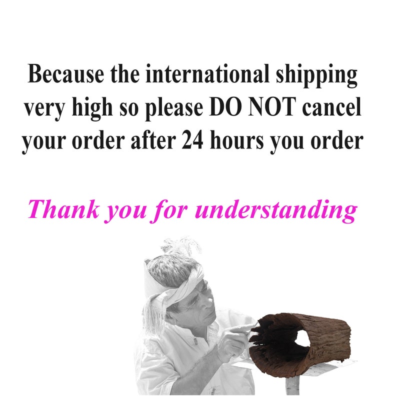 May include: A black and white photo of a person working on a wooden birdhouse. The text "Because the international shipping very high so please DO NOT cancel your order after 24 hours you order Thank you for understanding" is visible in the image.