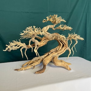 Peut inclure: Sculpture d'arbre bonsa&iuml; en bois naturel avec une apparence textur&eacute;e d&eacute;taill&eacute;e. La sculpture pr&eacute;sente un tronc incurv&eacute; et des branches avec un feuillage s&eacute;ch&eacute; complexe, de couleur marron clair. Le bonsa&iuml; est expos&eacute; sur une surface blanche.