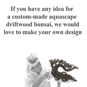 May include: A person working on a custom-made driftwood bonsai aquascape. The bonsai is made of dark brown driftwood and has a natural, gnarled appearance. The person is using a tool to shape the bonsai.