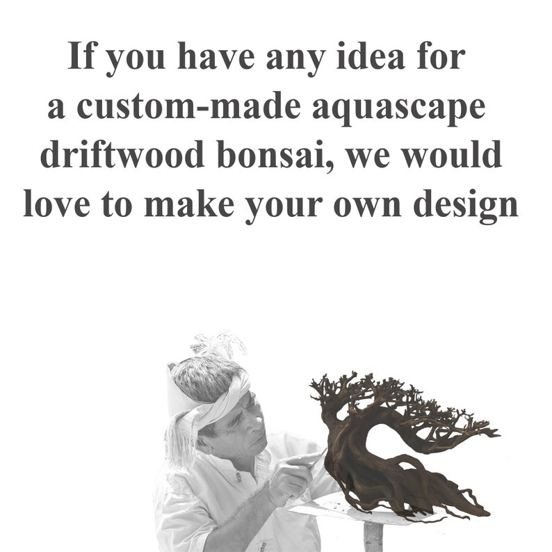 May include: A person working on a custom-made driftwood bonsai aquascape. The bonsai is made of dark brown driftwood and has a natural, gnarled appearance. The person is using a tool to shape the bonsai.