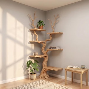 Prateleira de canto em forma de árvore, estante de chão personalizada em madeira rústica, prateleira decorativa para escritório em madeira flutuante.