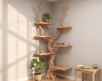 Corner tree shelf floor standing bookshelf custom rustic wood shelves decorative office driftwood shelf
