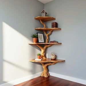 Op de afbeelding: Een lichtbruine houten hoekplank in de vorm van een boom met vier niveaus. De structuur heeft een stamvoet en takken die elk plankniveau ondersteunen. De tentoongestelde voorwerpen zijn een vogelhuisje, boeken, twee potplanten en een uilenbeeldje.