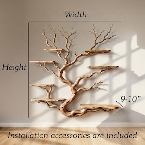 May include: A wooden tree-shaped wall shelf with multiple platforms. The shelf has a natural wood finish and is designed to resemble a tree with branches and platforms. The platforms are approximately 9-10 inches deep. Installation accessories are included.