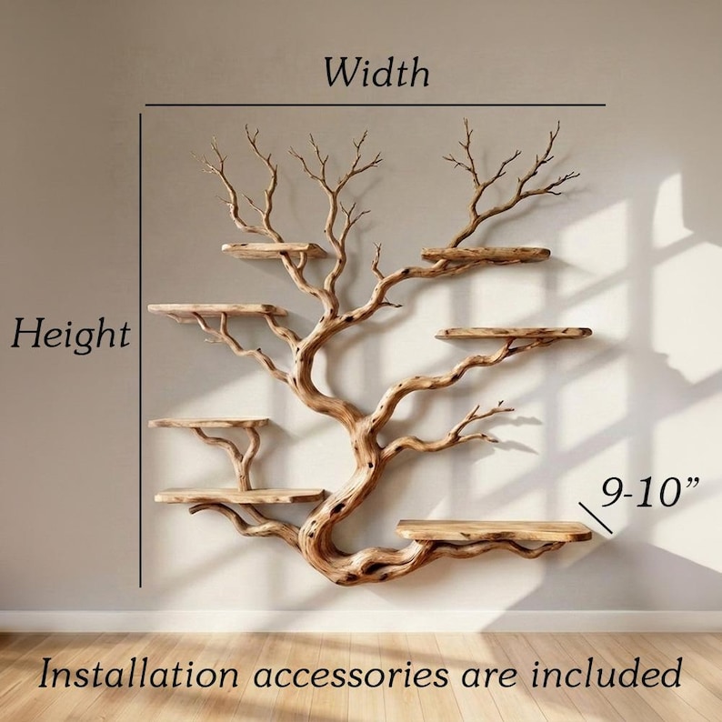 May include: A wooden tree-shaped wall shelf with multiple platforms. The shelf has a natural wood finish and is designed to resemble a tree with branches and platforms. The platforms are approximately 9-10 inches deep. Installation accessories are included.