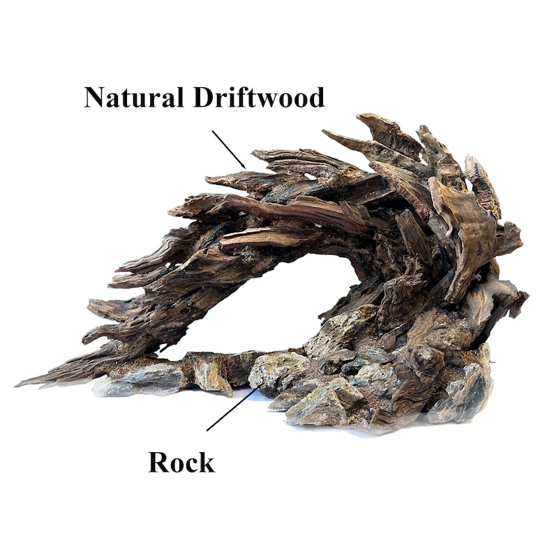 May include: Natural driftwood with a curved shape, resting on a bed of gray and brown rocks. The driftwood is brown and has a rough texture. The rocks are also rough and have a variety of shapes and sizes.