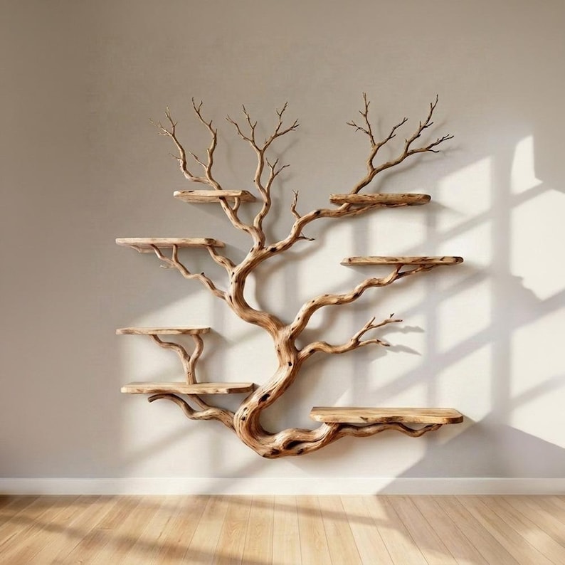 May include: A unique wall-mounted shelf in the shape of a tree. The shelf is made of natural wood and features multiple platforms of varying sizes. The tree-like structure is mounted on a neutral-colored wall, creating a rustic and artistic display.